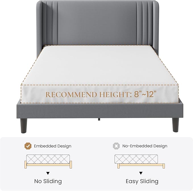 SHA CERLIN Queen Size Velvet Upholstered Platform Bed Frame with Vertical Channel Tufted Wingback Headboard, Wooden Slats Support, Easy Assembly, Under Bed Storage, No Box Spring Required, Grey