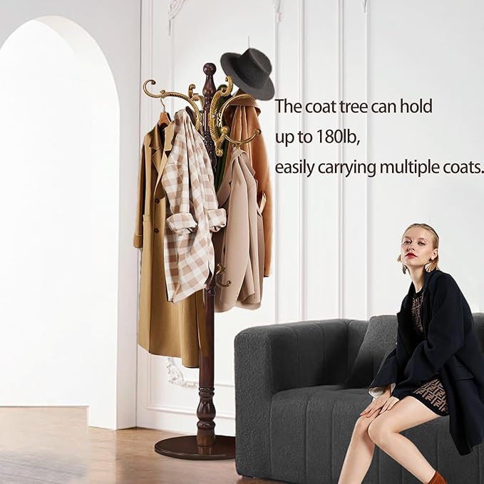 Coat Rack Freestanding, Wooden Coat Tree with Stable Round Base, Vintage Heavy Duty Coat Rack Stand with 14 Hooks, Coat Hanger Stand for Bedroom, Office, Entryway (Vintage)