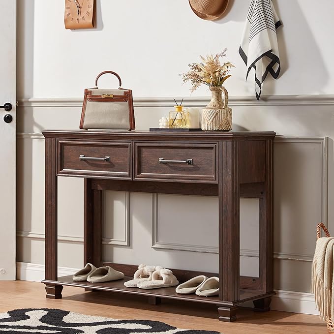Farmhouse 46" Console Table with 2 Drawers, Rustic Wood 2 Tier Entryway Table with Open Storage Shelf for Entry, Large Mid-Century Vintage Sofa Tables Behind Couch for Living Room, Walnut