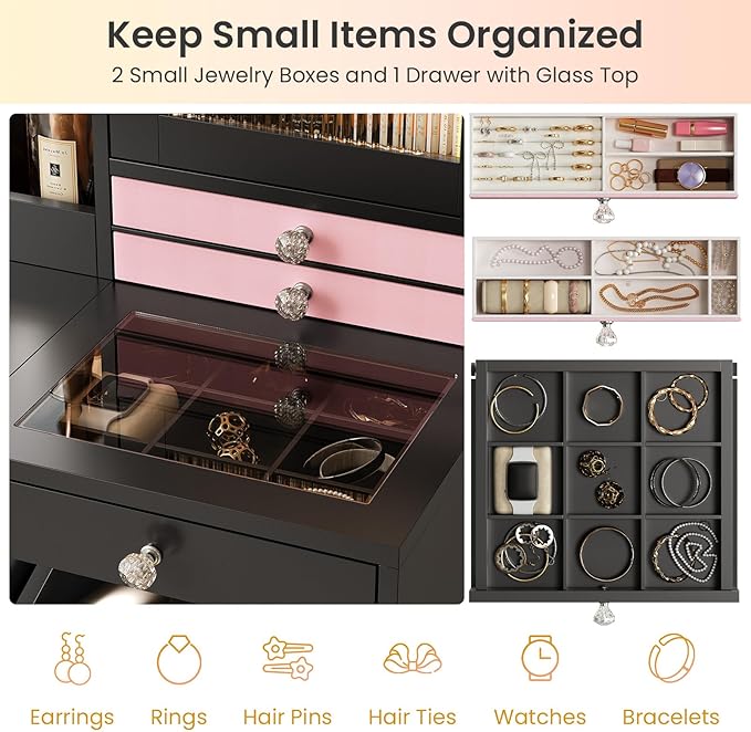 Makeup Vanity Desk with Mirror and Lights & Large LED Cabinet, Vanity Table with 2 Jewelry Boxes, 6 Drawers, and Built-in Shelves, Dressing Table with Power Outlets for Women Girls Bedroom, Black