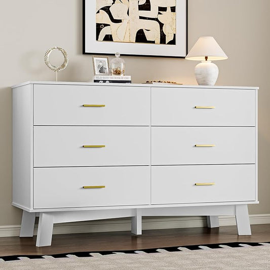 Dresser for Bedroom with 6-Drawer, 47.2" Modern Chest of Drawers with Metal Handles, X-Shape Base & Adjustable Center Leg, Anti-Tip Closet Organizers and Storage