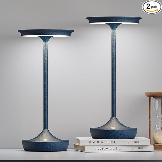 LED Cordless Table Lamps Rechargeable - Outdoor Battery Operated Portable Table Light 3 Color Stepless Dimming Tables Lamp with Memory Function for Patio Restaurant Dining 2 Pack Blue