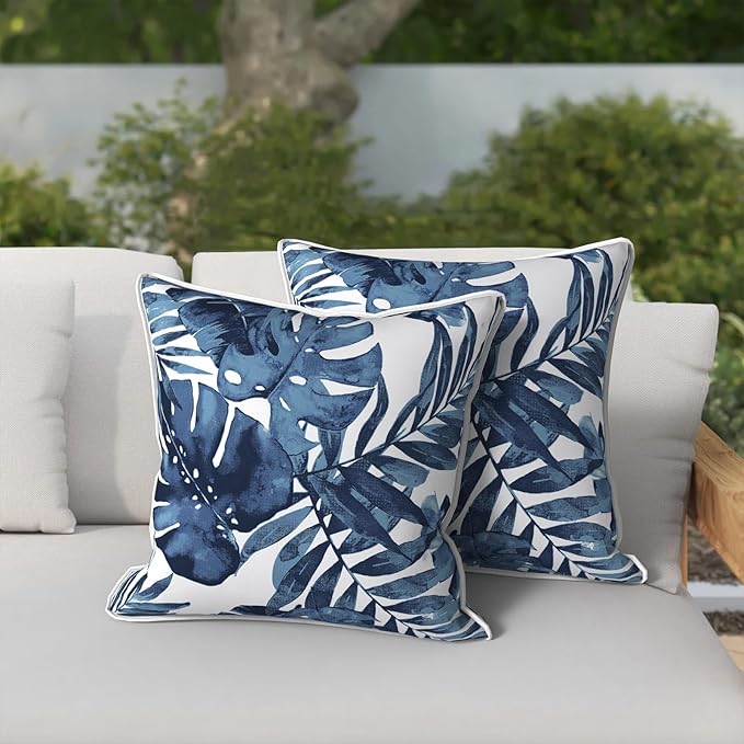 Outdoor Throw Pillows Inners, Fade Resistant Patio Furniture Square Pillows with Piping Set of 2, 18x18 Inch, Palm Blue