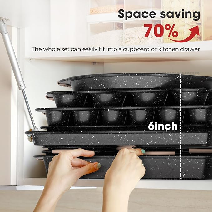 11-Piece Baking Pans Set, Nonstick Bakeware Sets, Oven Pans for Baking with Silicone Handles, Includes Cookie Sheet, Cake Pans, Loaf Pan, Pizza Pan, Muffin Pan, Khaki&Black¡­