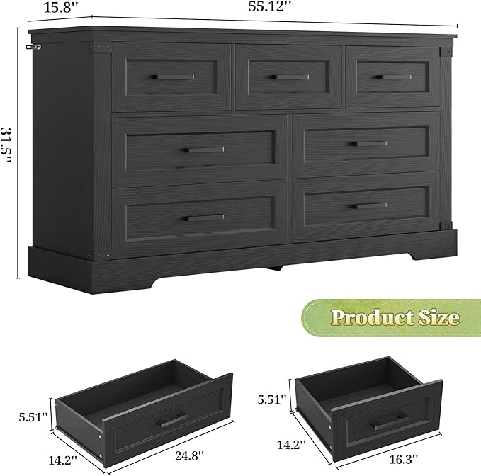 Hasuit Black Dresser for Bedroom, Wooden 55.1" Long Dressers Chest of Drawer, Farmhouse 7 Drawer Dresser with Thick Styling, Large Capacity Storage Cabinet Organizer, Wide Dressers for Bedroom Hallway