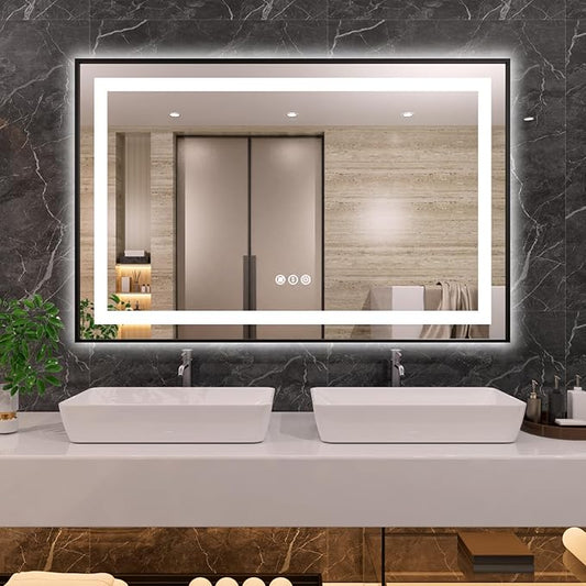 Amorho 55" X36" LED Bathroom Mirror Framed, Front Light and Backlit, Stepless Dimmable, Anti-Fog, Shatter-Proof, Memory, 3 Colors, Double LED Vanity Mirror