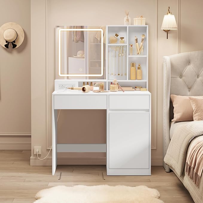 VASAGLE Kailyn Collection - 35.4-Inch Wide Vanity Desk with Mirror and Lights, Power Outlets, Vanity Table with Jewelry Storage, Adjustable Shelves, for Bedroom, Cloud White URDT132WB03S