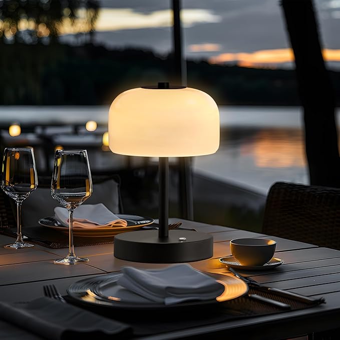 PORTRES RGB Cordless Touch Table Lamp with 3 Color Temperatures 7 RGB Colors Rechargeable Battery lamp with Pickup Rhythm Light Glass Lamp Shade for Bedroom Outdoor Patio Restaurant Camping Black