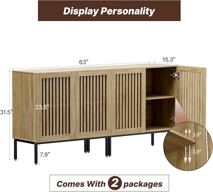 Farmhouse TV Stand for 70 Inch TVs, 2-in-1 Entertainment Center with Storage Cabinets & Metal Base,Oak Media Console for Living Room