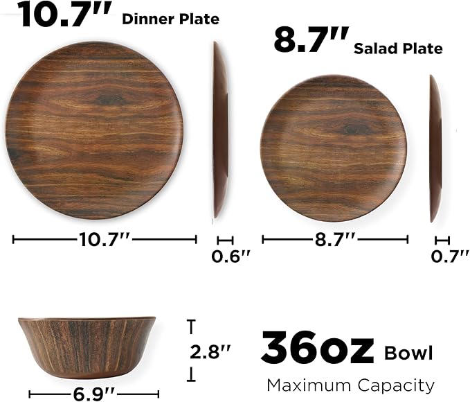 TP 18-Piece Dinnerware Set, Melamine Dishes Set with Bowls and Plates, Service for 6, Non-breakable Lightweight Dining Tableware, Rosewood Grain