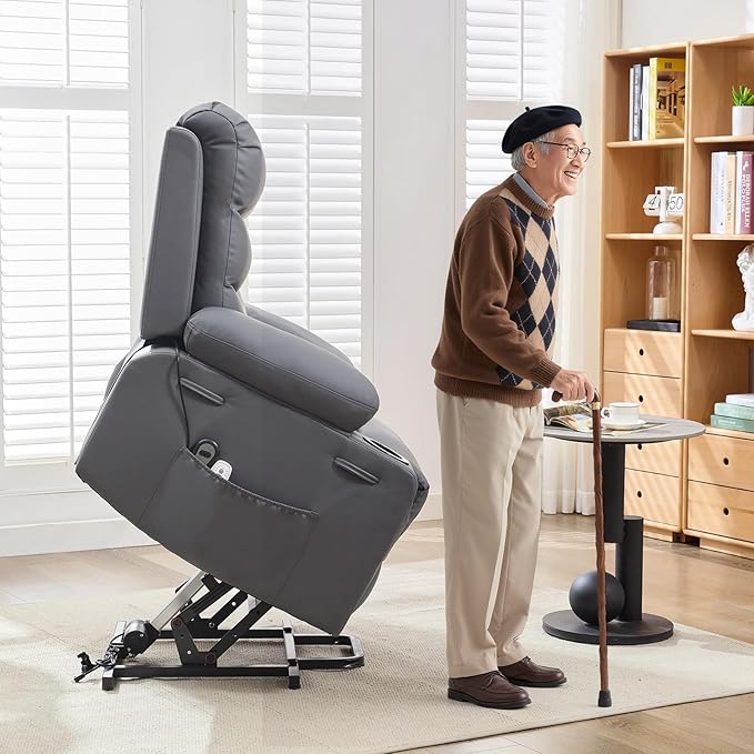 Power Lift Recliner PU Chair for Elderly, with Massage & Heat, Big and Tall Living Room or RV Single Sofa for Adults, 135° Reclining Accent Chairs, 2 Cup Holders and Side Pockets (Gray Leather)