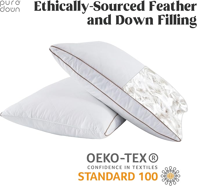 puredown® Natural Goose Down Feather Pillows for Sleeping Oval Gusseted Down Feather Pillow 100% Cotton Pillow Cover with Leaf Quilting Queen Set of 2