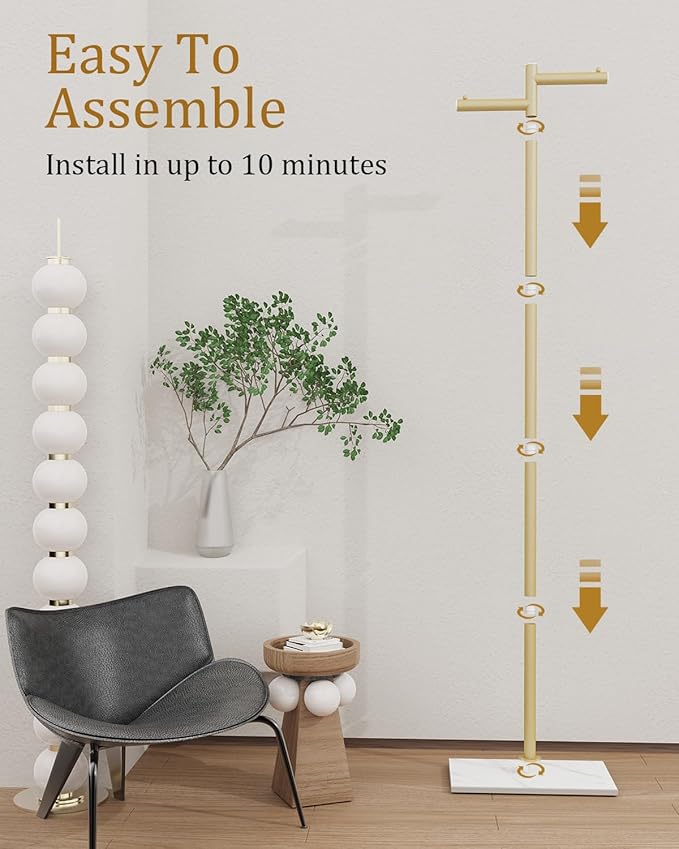 Free-standing Metal Coat Racks, Modern Garment Rack, Z-shaped Coat Tree with Natural Rock Base, for Bedroom, Office, Hallway, Entryway, Living Room, 68.9in, Gold