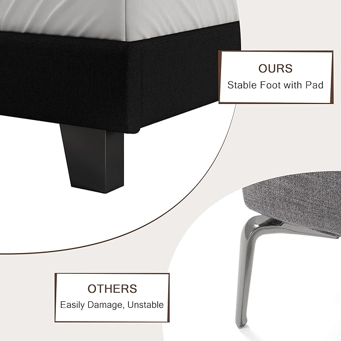 Queen Upholstered Bed Frame with Headboard, Button Tufted Linen Bed Base, Platform Bed with Wood Slat, Heavy Duty, Easy Assembly, No Box Spring Needed, Black