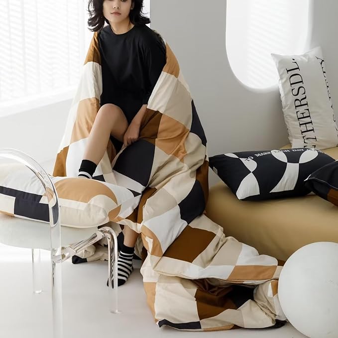 Luxlovery Beige Brown Plaid Comforter Set King Checkered Bedding Set Grid Geometric Blanket Quilts Soft Breathable Buffalo Modern Abstract Comforter for King Bed