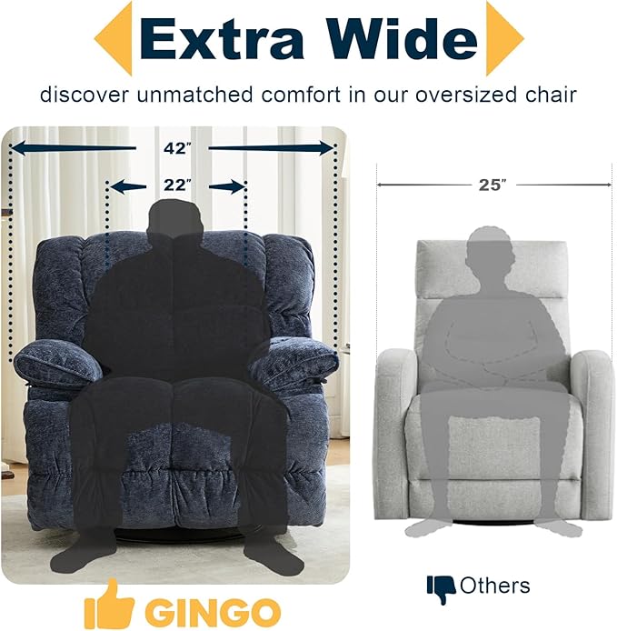 GINGO Power Oversized Recliner Chair, Extra Wide Swivel Rocking Recliner Chair, Breathable Soft Fabric Modern Single Sofa for Living Room, 90°-140° Electric Adjustable Angle, USB & Type-C Port, Blue