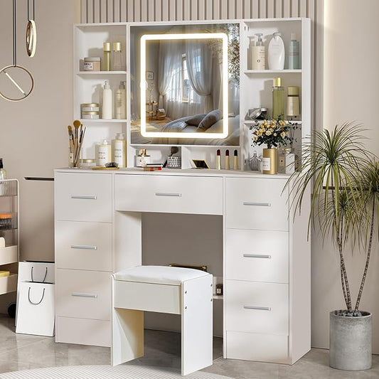 Large Vanity Table Set, 7 Storage 8 Shelves Makeup Table with Mirror & LED Lights, Modern Dressing Table with Soft Stool and 3 Brightness Adjustable for Girls and Women, White