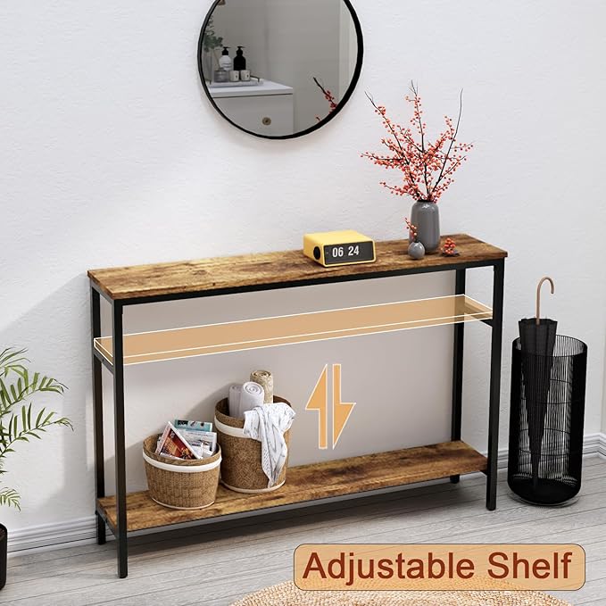 Narrow Console Table, 47 Inch Sofa Table with Adjustable Shelf, 2-Tier Long Skinny Table for Hallway, Entryway, Living Room, Foyer, Rustic Brown