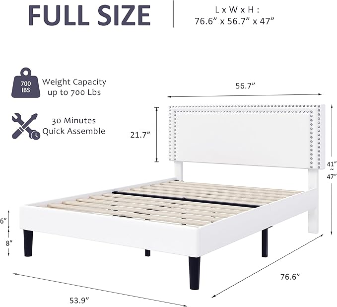 VECELO Full Size Bed Frame with Adjustable Upholstered Headboard, Wooden Slats Platform, Noise-Free Design, Easy Assembly