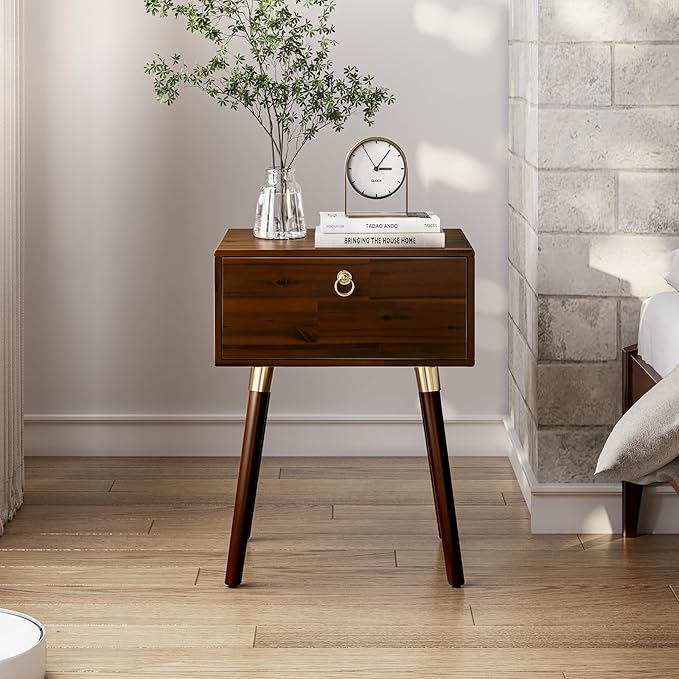 Bme Alden Wood Nightstand, Solid Wood End Table, Mid Century Modern Nightstand, Side Table with 1 Drawer, Compact for Bedroom, Living Room & Study Room, Easy Assembly, Walnut