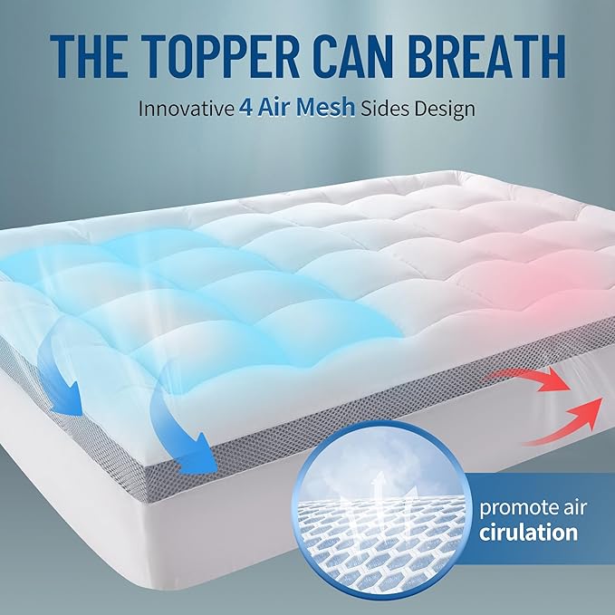 Memory Foam Mattress Topper Queen with Breathable Air Mesh Sides,1700GSM Ergonomic Mattress Pad for Back Pain, Extra Thick Cooling Pillow Top with 6"-18" Deep Pocket(60"x80")