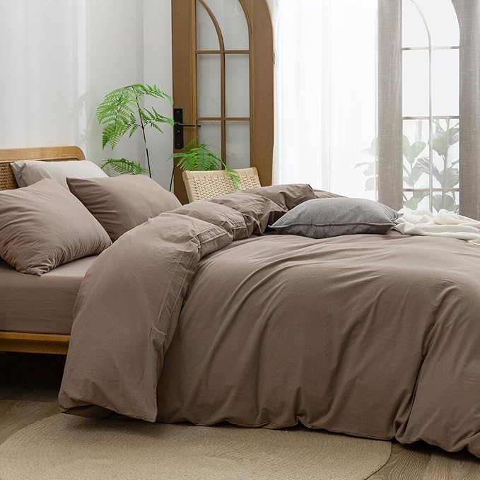 BESTOUCH Duvet Cover Set 100% Washed Cotton Linen Feel Super Soft Comfortable Chic Lightweight 3 PCs Home Bedding Set Solid Pine Bark Brown Queen