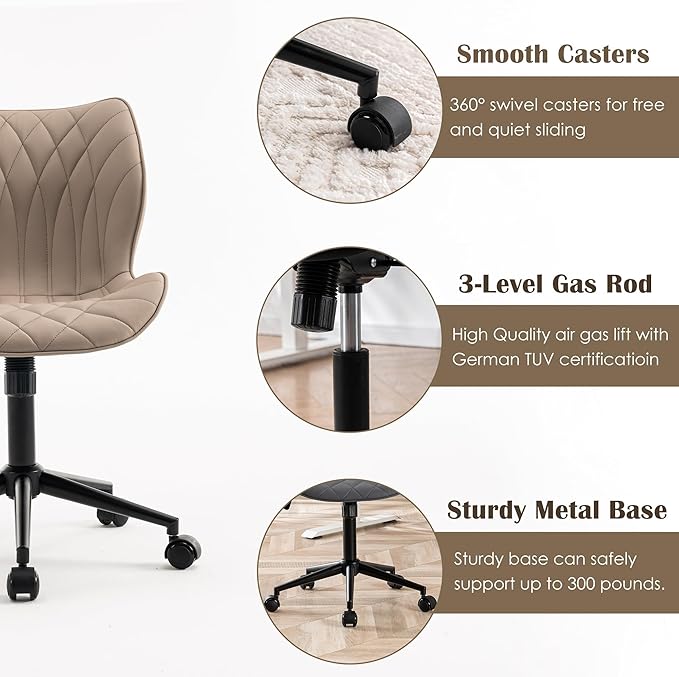 YOUNUOKE Armless Desk Chair Comfy Office Chair with Wheels Home Ergonomic Task Chair Adjustable Computer Chairs Modern Faux Leather Swivel Chair Upholstered Makeup Vanity Chair with Back(Khaki)
