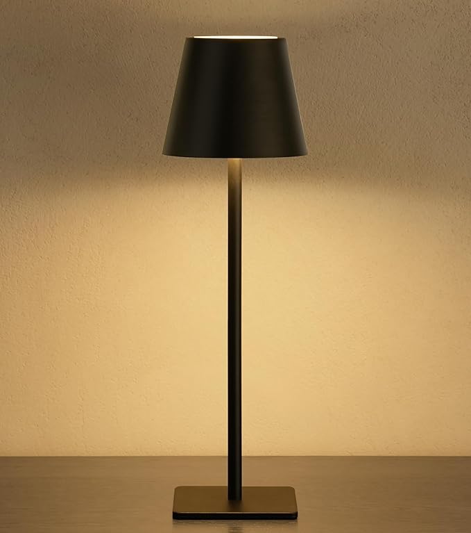UME Cordless Table Lamp, Battery Operated Lamp - Portable Waterproof Rechargeable Table Lamp w/ 3 Color Temps & Stepless Dimming for Dinner, Desk, Cafe, Outdoor (Black)