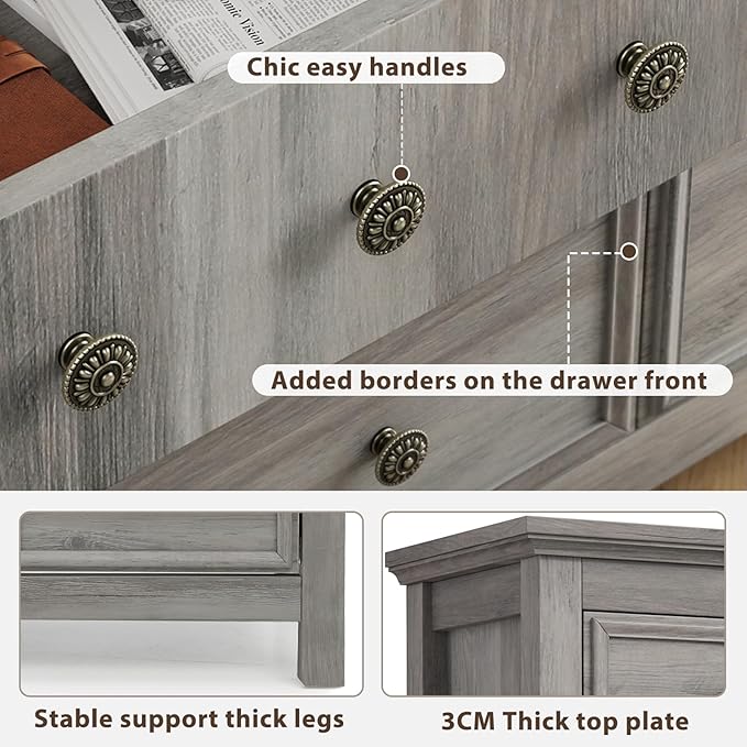 LGHM Long Dressers for Bedroom, Large 9 Drawers Dresser, Chests of Drawers TV Stands, Sturdy and Stable Storage Organizer - Thick Support Legs Design, 6" Deep Drawer for Bedroom,Living Room, Gray