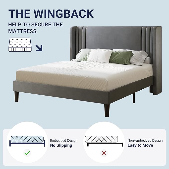 Allewie Queen Size Velvet Platform Bed Frame with Vertical Tufted Wingback Headboard, Easy Assembly, Under Bed Storage, No Box Spring Required, Modern Style, Grey