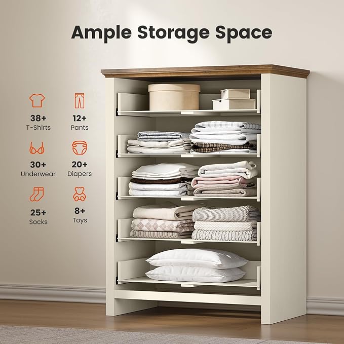 Amada 5 Drawer Dresser for Bedroom with Wood Drawers, Supports up to 22 lbs per Drawer, Anti-Tip Design for Safety, 5 Farmhouse Dresser Drawer Unit for Bedroom, Hallway, Brown and White