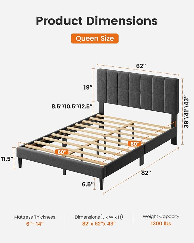 Pipishell Queen Bed Frame with 12 Thickened Legs&Fabric Upholstered Headboard,1300 lbs Strong Weight Capacity, Adjustable Headboard, No Box Spring Needed, Easy Assembly, Underbed Storage（Solid Wooden）