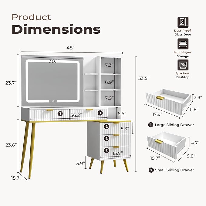Vanity Desk with Mirror and Lights, Fluted Makeup Vanity with Glass top, 48" Big Modern Vanity with 5 Drawers & Glass Cabinet, White Vanity with 3 Lighting Modes for Bedroom