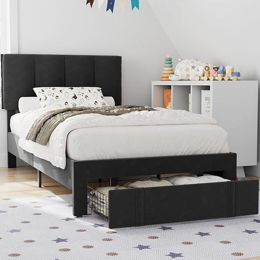 VECELO Twin Size Bed Frame with Storage Drawer, Heavy-Duty Platform Bedframe with Headboard & Strong Wooden Slats Support, No Box Spring Needed, Black