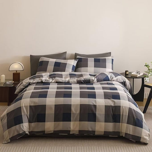Luxlovery Gingham Navy Comforter Set Queen Checkered Bedding Set Men's Bedding Grid Bedding Set Fluffy Soft Cottagecore Khaki and Blue Blanket Quilts with 2 Pillowcases Queen Bed