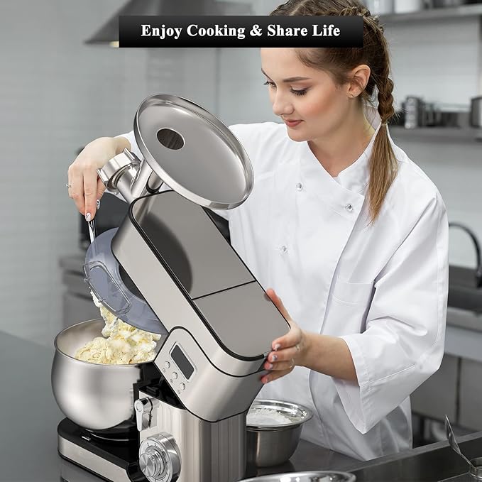6-IN-1 Stand Mixer, LCD Display Kitchen Electric Mixer, 6.5QT Stainless Steel Bowl, Multi-Function Kitchen Blender With Dough Hook, Whisk, Beater, Meat Grinder, Splash Guard