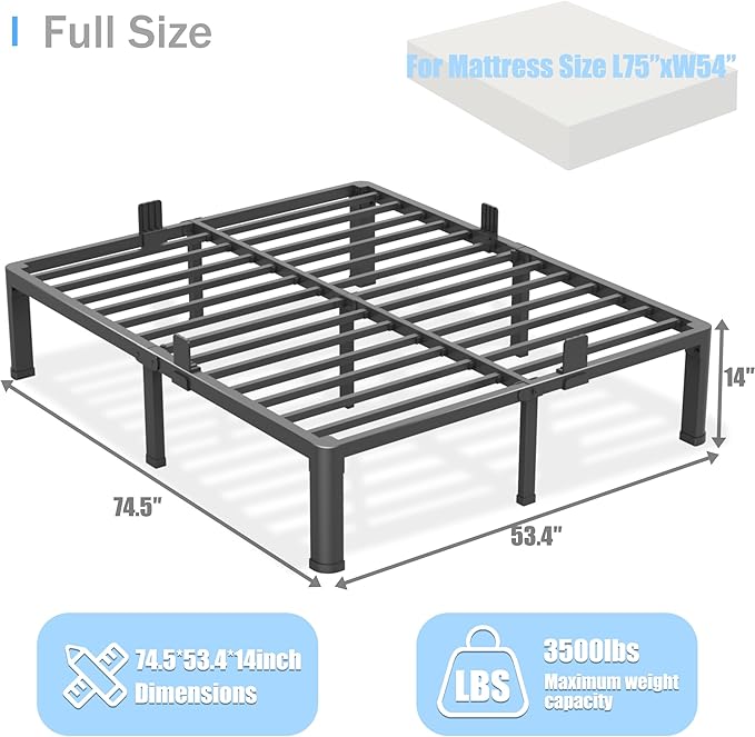 14 inch Full Size Bed Frame with Round Corner Legs Mattress Slide Stopper,3500 lbs Heavy Duty Metal Platform,Steel Slat Support,No Box Spring Needed,Easy Assembly,Noise Free