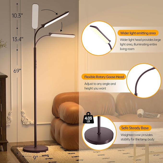 LED Floor Lamp, 18W Super Bright Floor Lamp for Living Room, Adjustable Stepless Colors & Brightness Gooseneck Standing Lamp, Eye Caring Reading Light with Remote& Touch Control for Bedroom Office