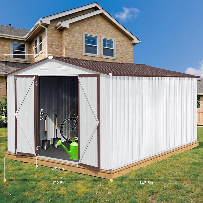 10 x 12 FT Outdoor Storage Shed, Metal Garden Tool Shed with Slooping Roof, Lockable Doors and Windows, Easy to Assemble for Garden, Patio, Lawn, White