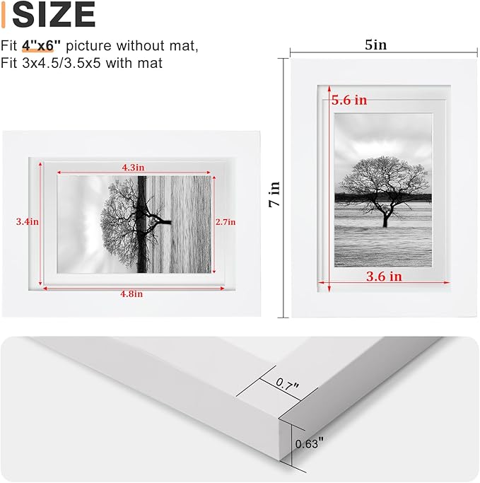 Egofine 4x6 Picture Frame Made of Solid Wood with Plexiglass, Display Pictures 3.5x5 with Mat or 4x6 Without Mat for Tabletop and Wall Mounting, White