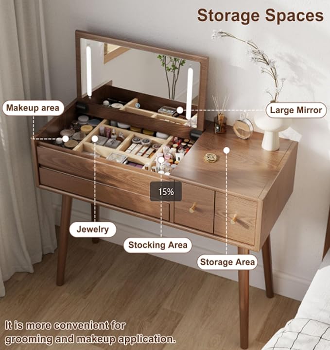 KungFuWood Makeup Vanity Desk with 3 Lighting Modes, Solid Wood Vanity Desk with Mirror Dressing Table Set 4 Drawers,Space-Saving Vanity for bedrooms(walunt)