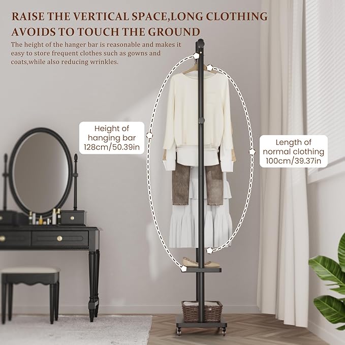 Solid Wood Coat Rack Freestanding Clothing Rack with Wheels & 2 Shelves Storage & 5 Hooks Heavy Duty Clothes Rack Wood Coat Tree Stand Hat Hanger Rack for Corner Bedroom Entryway Living Room Hotel