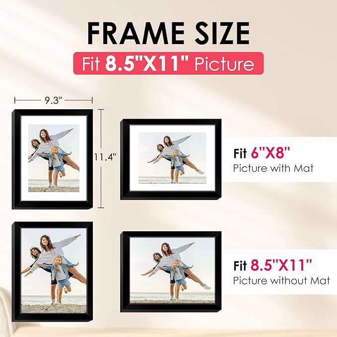 FIXSMITH 8.5x11 Picture Frame, Black Photo Frame with HD Plexiglass, Display Pictures 6x8 with Mat or 8.5x11 Without Mat, Picture Frames Collage for Tabletop or Wall Display, 2 Pack