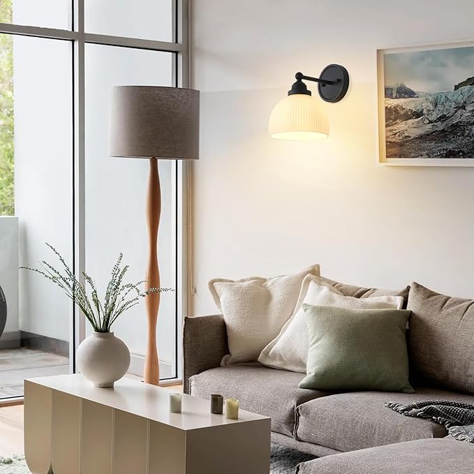 Vintage Wall Sconce 1-Light with White Striped Glass Globe Shade, Indoor Wall Mounted Lamp Fixture for Living Room Bedroom Kitchen Hallway