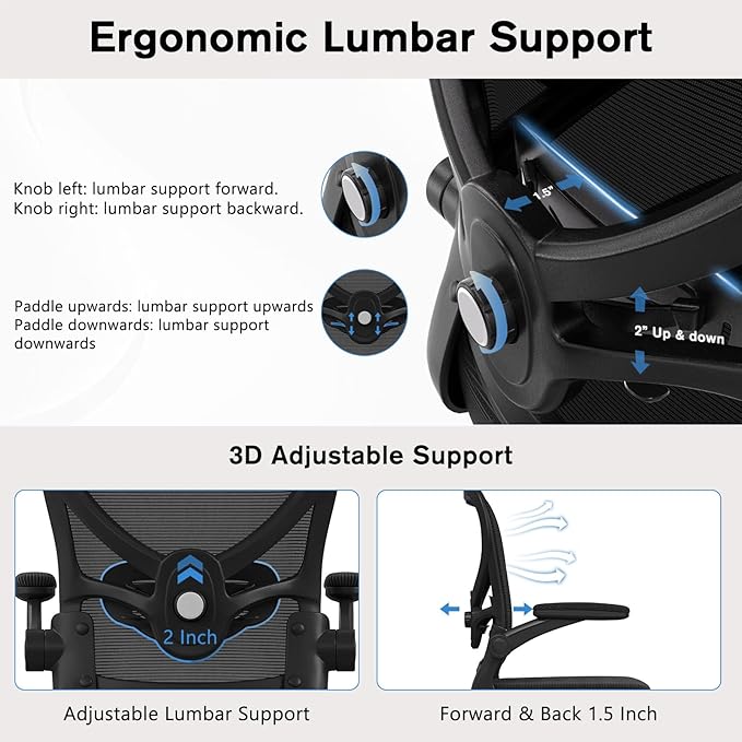 Alolo Drafting Chair,Big and Tall Office Chair with Footrest Ring,Ergonomic Chair for Counter Height and Standing Desk Comfy with Lumbar Support and Flip-up Armrests in Heavy Rolling Base,Black