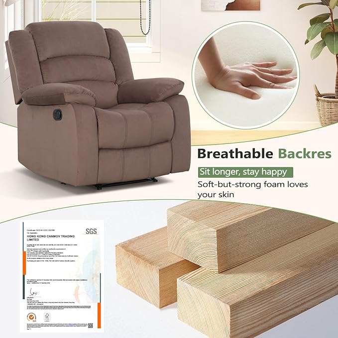 ANJ Fabric Recliner Chair with Overstuffed Arm and Back, Comfy Chocolate Manual Reclining Chairs for Adults, Living Room Single Sofa Recliners