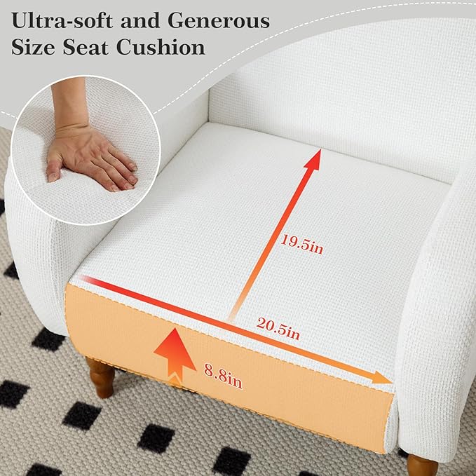 Accent Armchair Set of 1, Mid-Century Modern Living Room Chairs with Gourd-Like Shape Wooden Legs, Chenille Upholstered Single Sofa Reading Chair for Living Room Bedroom Guest Room,White