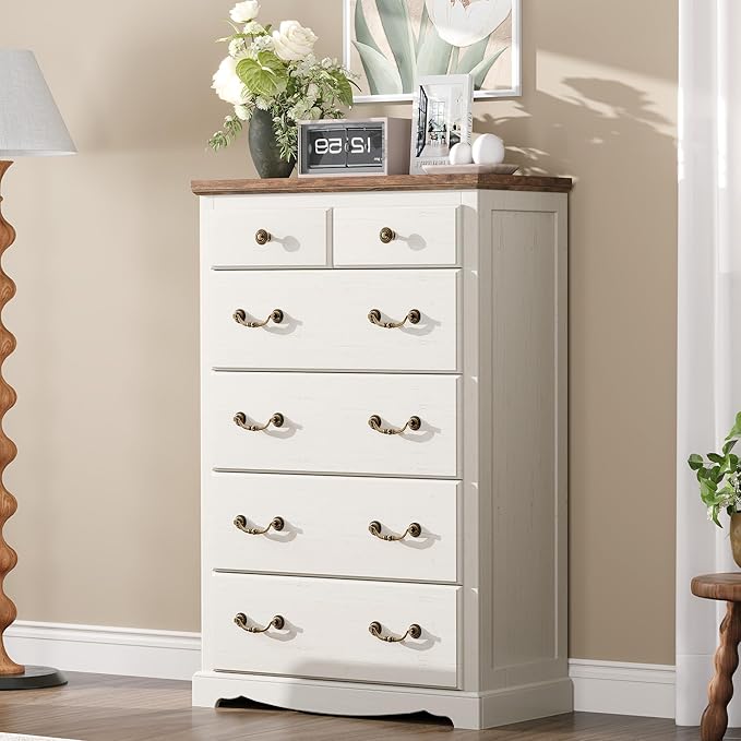 Farmhouse 6 Chest of Drawers for Bedroom, 48" Tall Wood Dresser with Bronze Retro Handles & 3D Drawer Fronts, Closet Dresser for Bedroom, Hallway, Antique White