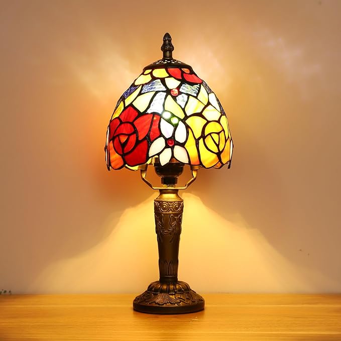 Rose Tiffany Small Table Lamp 3 Way Color Temperatures Stained Glass Bedside Nightstand Table Lamps for Living Room,Bedroom, Home Office Reading Desk Lamp+LED Bulb,6X6X12.5 Inch