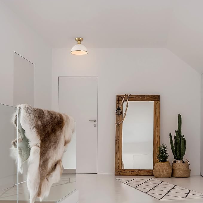 GLOBE Electric 66000037 1-Light Semi-Flush Mount Ceiling Light, Matte White, Brass Accents, Bedroom Lighting Fixtures Ceiling, Dining Room Fixture, Timeless Lighting for Hallway or Dining Room